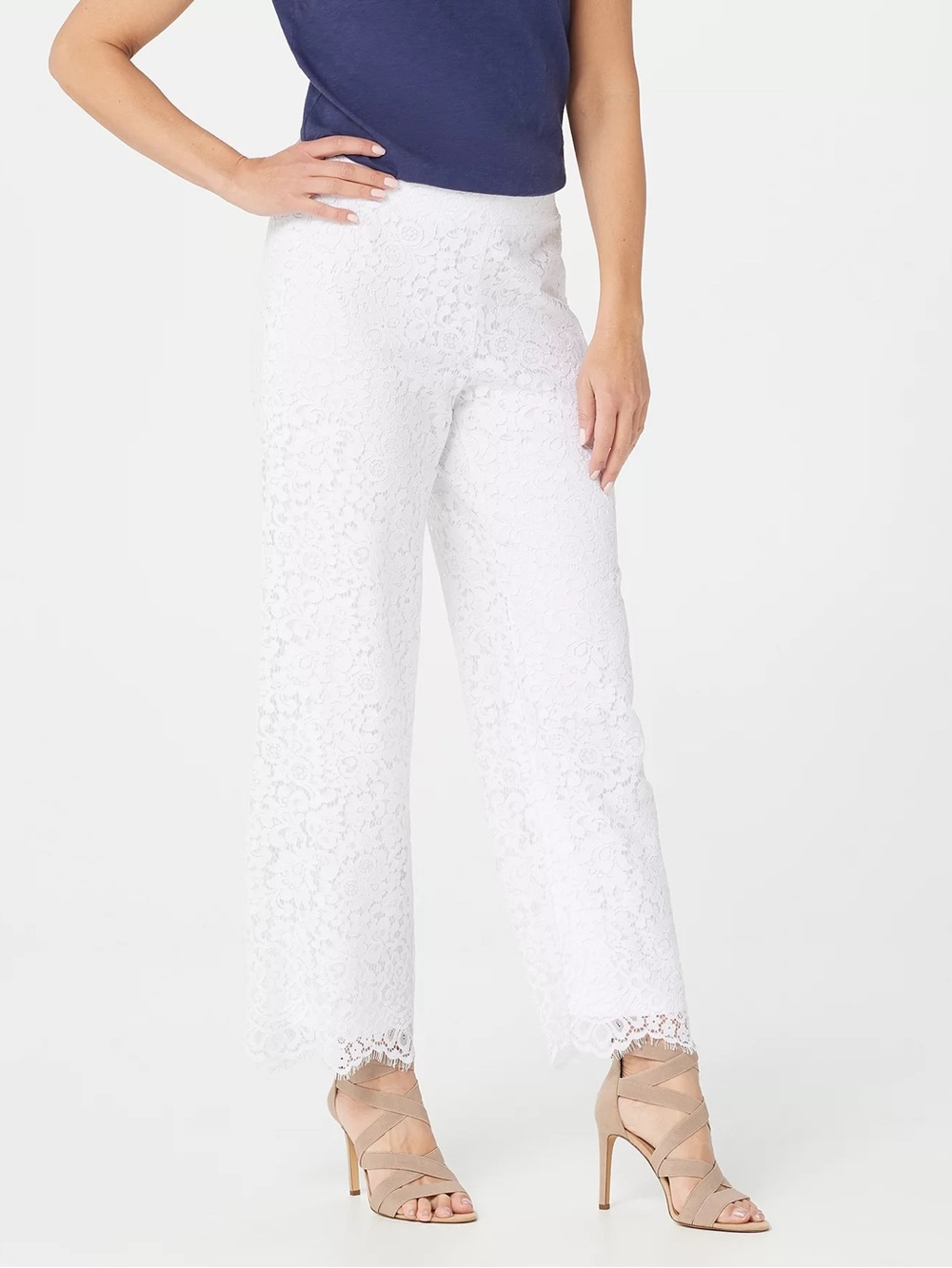 Isaac Mizrahi Live! White Floral Lace Wide-Leg Pants Bachelorette Bridal Tall